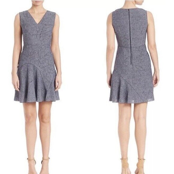 TAHARI Dress Womens 12 Blue Linen Chambray Elliot Fit & Flare Floral Stitch - Picture 1 of 8